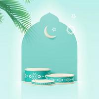 3d Islam minimal cylinder platform with dates leaf, Crescent moon, and stars. Product presentation, cosmetic, Podium, base, display, stage, pedestal or platform. 3d realistic vector