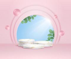 3d Vector Marble Podium in Pink Background with Leaf, Sun Light, Pearl