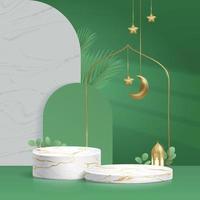 Podio de mármol del islam 3d en fondo verde con luna creciente, estrellas, linterna. vector