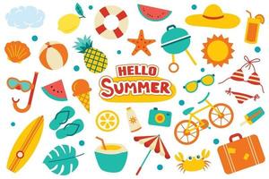 Hello summer collection set flat design on white background. Colorful summer symbols and objects. vector