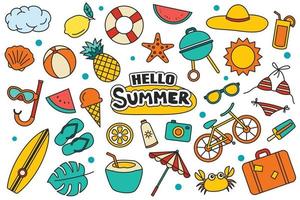 Hello summer collection set design on white background. Colorful summer symbols and objects. vector