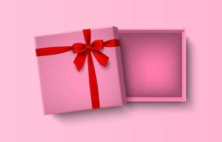 Caja de regalo vacía rosa abierta con lazo rojo y cinta, ilustración vectorial vector