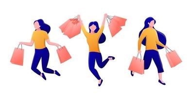 mujer feliz saltando y sosteniendo bolsas de la compra ilustración