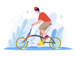 hombre montando una bicicleta plegable ilustración. vector