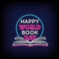 feliz día mundial del libro letreros de neón estilo vector de texto