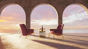terraza con arcos y mesa con copas de vino