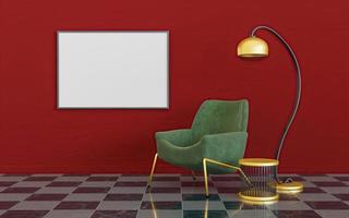 Minimalist interior with lamp, sofa and mock-up of a canvas photo