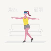 Mujer joven alegre que usa tecnología de realidad virtual para deportes en casa. Ilustración de vector de personaje plano.