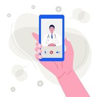 Online medical service concept. Hand holding smartphone with male doctor on screen, flat vector illustration.