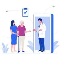 Online medical service concept. Male doctor giving advice to older patient via mobile application on smartphone. Flat character vector illustration.