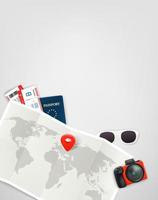 Travel illustration with paper map, digital camera, passport, sunglasses and red pin vector