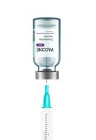 Vaccine glass vial with needle of plastic syringe inside isolated