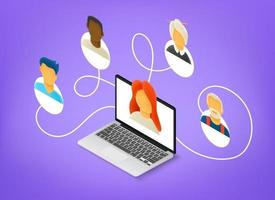 People working together remotely via internet. Isometric 3d style vector illustration