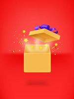 Opened gift box with confetti on red background vector