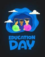 Education day. Group of young students with graduation cap. Cutout style vector illustration