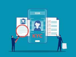 kyc o conozca a su cliente con el empresario verificando la identidad del concepto de sus clientes en los futuros socios a través de un ilustrador de vectores de lupa