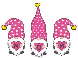 Tres gnomos sosteniendo la palabra mamá en el ilustrador de vectores del día de la madre.