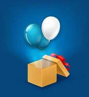 caja abierta con globos de aire volando fuera de la caja. plantilla de tarjeta de felicitación vector