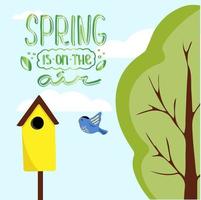 Spring landscape with sky, clouds,tree in the background and lettering spring is on the air. Bird flies to the birdhouse. Vector illustration in cute cartoon style for kids. Hello spring