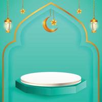 3d product display blue and white podium themed islamic with crescent moon, lantern and star for ramadan vector