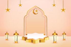 3d product display peach color and gold podium themed islamic with crescent moon, lantern and star for ramadan vector