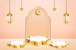 3d product display peach color and gold podium themed islamic with crescent moon, lantern and star for ramadan vector