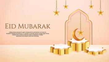 3d product display peach color and gold podium themed islamic with crescent moon and star for ramadan vector