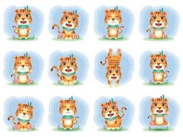 Cute tigers collection with apache costume vector