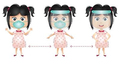 Cute girl character using face shield and mask vector