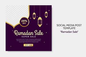 Ramadan Sale social media post template. Web banner advertising with purple and golden color style for greeting card, voucher, islamic event. vector