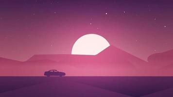 Cartoon Sunset Scene with Car Moving