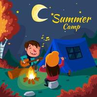 Couple in Summer Camp with Campfire at Night vector