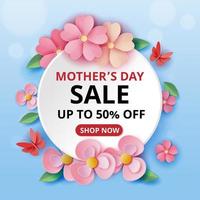 Mothers day sale with paper art flowers illustration vector