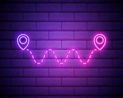 Glowing neon Route location icon isolated on brick wall background. Map pointer sign. Concept of path or road. GPS navigator. vector