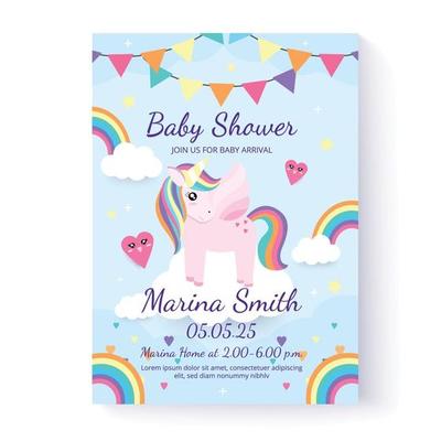 Unicorn baby shower invitation template and greeting card. Vector illustration. Hand drawn. Flat design.