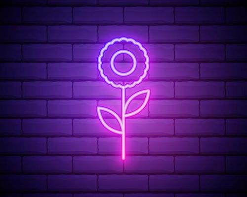 Flower pink glowing neon ui ux icon. Glowing sign logo vector. Glowing flower isolated on brick wall background.