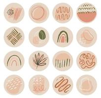 Big set of contemporary vector highlight covers. Abstract boho backgrounds. Mid century various shapes, lines, spots, dots, doodle objects. Hand drawn templates. Round icons for social media stories.