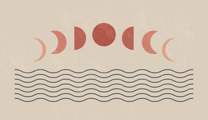Mid century modern minimalist art print with organic natural shape. Abstract contemporary aesthetic background with geometric Moon phases and sea. Boho wall decor.