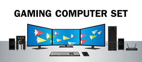 gaming desktop computer set with multi monitor vector