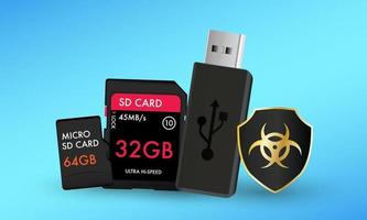 SD card Micro SD card and  usb flashdrive  with a protection shield antivirus computer vector