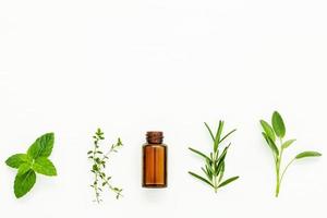 Bottle of essential oil with fresh herbal sage, rosemary, lemon thyme and peppermint photo