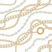 Seamless pattern background with gemstones and chains golden metallic necklace. On white. Vector illustration