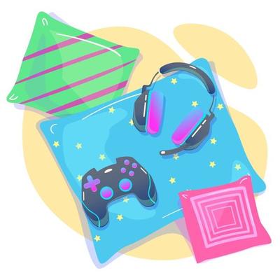 Video game background with joypad, headphones. Concept of social geek, hobby, pastime, devices addiction, using gadgets. Cozy gaming home with pillows Flat style. Vector illustration isolated on white