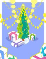 Christmas card with 3d effect. Bright garland and gift boxes under the Christmas tree. Holiday season illustration with lots of yellow lights. Colorful Winter season design. Vector flat concept.