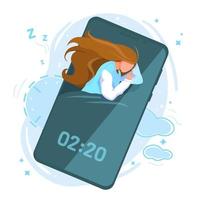 Healthy human sleep cycle stages vector flat illustration on white background. Girl sleeping with smartphone. Concept social media addiction. Smart alarm clock app mobile phone screen. Gadget software