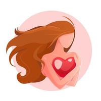 Love yourself concept. Girl Healthcare Vector illustration. Woman hugging herself with heart on white isolated background. lonely valentines greeting card. self-esteem mental health logo.