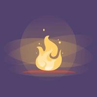 Burning bonfire with lights and sparks. Yellow Fire ready for animation on dark background. Flat Vector clipart illustration. Hot red-orange flame design element. Campfire simple icon vector with glow