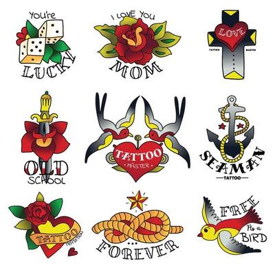 Old Tattooing School Emblems Vector Illustration