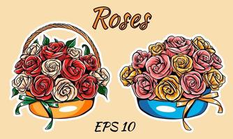 Vector basket with roses, isolated. Two types of bouquets.