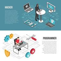 Hacker Programmer Isometric Banners Vector Illustration